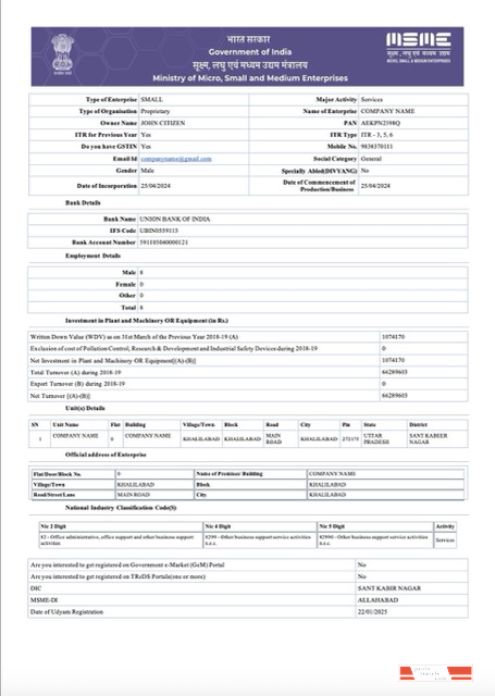 India Udyam registration certificate Word and PDF template, version 6